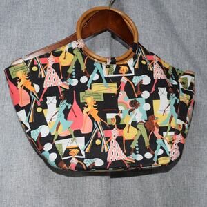 Neiman Marcus Retro Mod Print Bamboo Handle Tote Bag
